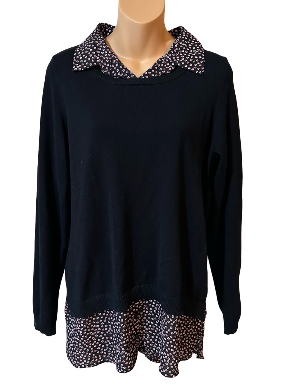 Adrianna Papell Black Layered Twofer Sweater Heart Print Shirttail Blouse